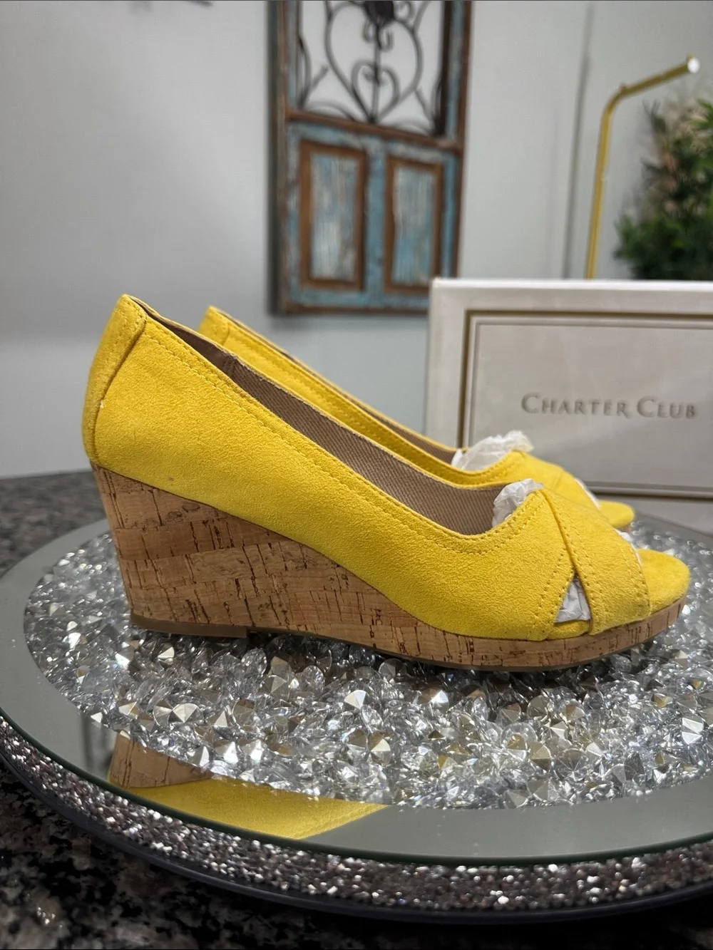 Charter Club Toniiem Yellow Cork Wedge Peep-Toe Heels NEW 8
